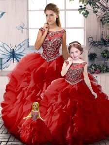 Edgy Sleeveless Floor Length Beading and Ruffles Zipper Quince Ball Gowns with Red