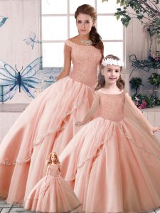 Fantastic Sleeveless Beading Lace Up Sweet 16 Dress with Peach Brush Train