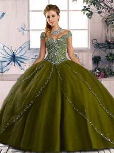 Shining Olive Green Ball Gowns Sweetheart Cap Sleeves Organza Brush Train Lace Up Beading Sweet 16 Dress