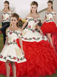 Cute White And Red Sleeveless Floor Length Embroidery and Ruffles Lace Up Quince Ball Gowns