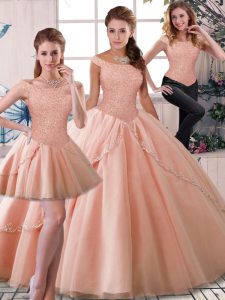 Peach Off The Shoulder Neckline Beading Quinceanera Gowns Sleeveless Lace Up