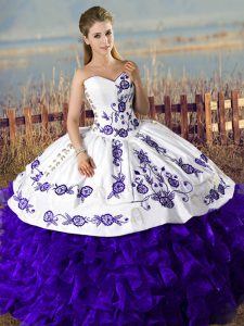 Floor Length Purple Vestidos de Quinceanera Satin and Organza Sleeveless Embroidery
