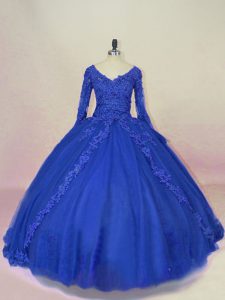 Long Sleeves Lace and Appliques Lace Up Sweet 16 Dresses with Royal Blue