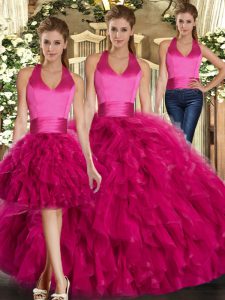 Customized Tulle Halter Top Sleeveless Lace Up Ruffles Sweet 16 Dress in Fuchsia