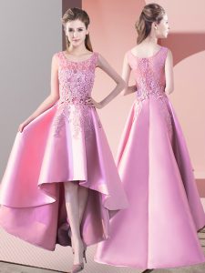 Custom Designed A-line Quinceanera Court of Honor Dress Baby Pink Scoop Satin Sleeveless High Low Zipper