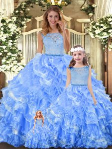 Deluxe Floor Length Zipper Quinceanera Gowns Light Blue for Military Ball and Sweet 16 and Quinceanera with Lace and Ruffled Layers