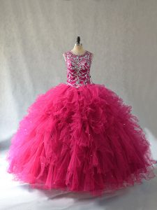 Hot Pink Scoop Neckline Beading Quince Ball Gowns Sleeveless Lace Up