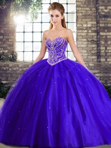 Blue Ball Gowns Tulle Sweetheart Sleeveless Beading Lace Up Ball Gown Prom Dress Brush Train