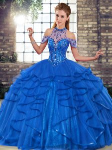 Latest Floor Length Royal Blue Sweet 16 Dresses Halter Top Sleeveless Lace Up