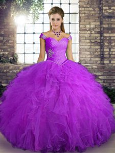 Delicate Purple Tulle Lace Up Off The Shoulder Sleeveless Floor Length Quinceanera Gowns Beading and Ruffles