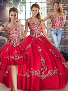 Shining Floor Length Lace Up 15th Birthday Dress Red for Military Ball and Sweet 16 and Quinceanera with Beading and Embroidery