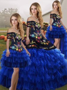 Free and Easy Off The Shoulder Sleeveless Ball Gown Prom Dress Floor Length Embroidery and Ruffled Layers Blue And Black Organza