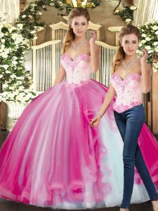 Fantastic Floor Length Lace Up Quince Ball Gowns Fuchsia for Sweet 16 and Quinceanera with Beading
