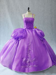 Lavender Ball Gowns Organza Spaghetti Straps Sleeveless Appliques Floor Length Lace Up Sweet 16 Quinceanera Dress