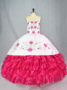 Adorable Sweetheart Sleeveless Ball Gown Prom Dress Embroidery and Ruffled Layers Hot Pink Satin and Organza