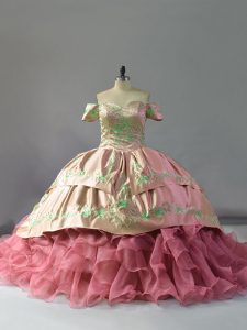 Off The Shoulder Sleeveless Chapel Train Lace Up Quinceanera Dress Pink Organza