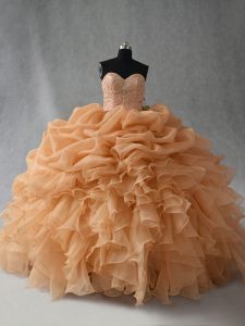 Gold Lace Up Quinceanera Gown Beading and Ruffles and Pick Ups Sleeveless Floor Length