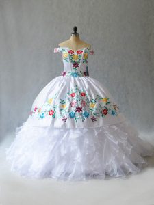 White Quinceanera Gown Sweet 16 and Quinceanera with Embroidery Off The Shoulder Sleeveless Lace Up