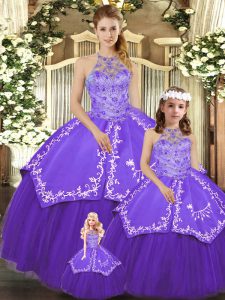 Unique Purple Ball Gowns Satin and Tulle Halter Top Sleeveless Beading and Embroidery Floor Length Lace Up Quinceanera Gowns