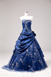 Exceptional Embroidery and Hand Made Flower Quince Ball Gowns Blue Lace Up Sleeveless Floor Length