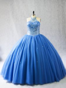 Smart Brush Train Ball Gowns Ball Gown Prom Dress Blue Halter Top Tulle Sleeveless Lace Up