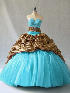 Modest V-neck Sleeveless Quinceanera Gown Beading and Pick Ups Aqua Blue Organza and Printed
