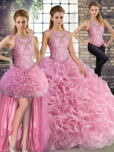 Fashionable Floor Length Three Pieces Sleeveless Rose Pink Quinceanera Gowns Lace Up