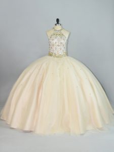 Amazing Floor Length Champagne Quince Ball Gowns Tulle Sleeveless Beading