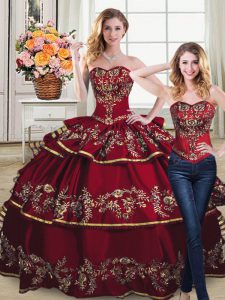 Wine Red Two Pieces Embroidery and Ruffled Layers Quinceanera Dresses Lace Up Satin and Organza Sleeveless
