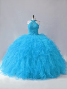 Dazzling Halter Top Sleeveless Quinceanera Gown Floor Length Beading and Ruffles Blue Tulle