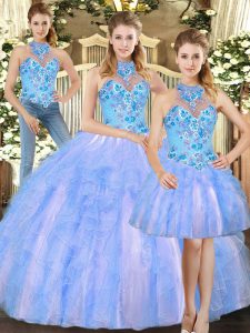 Excellent Multi-color Tulle Lace Up Sweet 16 Quinceanera Dress Sleeveless Floor Length Embroidery