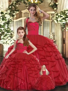 Captivating Floor Length Red Ball Gown Prom Dress Tulle Sleeveless Ruffles