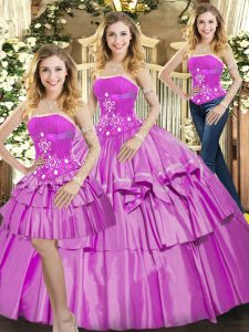 Lilac Sweet 16 Dresses Sweet 16 and Quinceanera with Beading and Ruffled Layers Strapless Sleeveless Lace Up