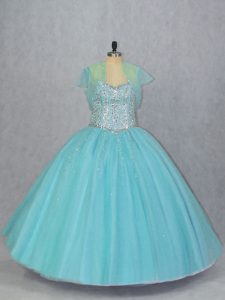 Aqua Blue Sleeveless Tulle Lace Up Quince Ball Gowns for Sweet 16 and Quinceanera