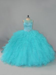 Floor Length Aqua Blue 15th Birthday Dress Scoop Sleeveless Lace Up