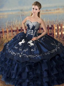 Floor Length Navy Blue Quince Ball Gowns Satin and Organza Sleeveless Embroidery and Ruffles