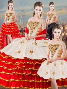 Edgy White And Red Ball Gowns Organza Sweetheart Sleeveless Beading and Ruffled Layers Floor Length Lace Up Quinceanera Dresses