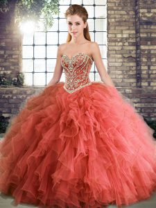 Best Selling Coral Red Sweetheart Neckline Beading and Ruffles Quince Ball Gowns Sleeveless Lace Up