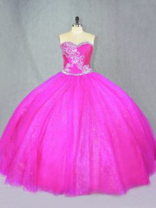 Luxurious Fuchsia Tulle Lace Up Sweetheart Sleeveless Floor Length Quinceanera Dress Beading