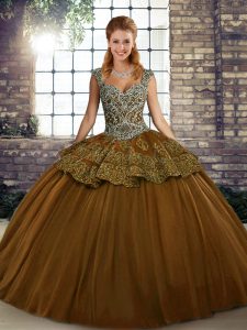 Brown Ball Gowns Tulle Straps Sleeveless Beading and Appliques Floor Length Lace Up Quince Ball Gowns