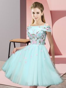 Sophisticated Short Sleeves Knee Length Appliques Lace Up Dama Dress for Quinceanera with Aqua Blue