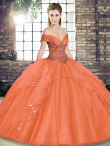 Tulle Off The Shoulder Sleeveless Lace Up Beading and Ruffles Quinceanera Gown in Orange Red