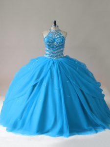 Smart Baby Blue Tulle Lace Up Halter Top Sleeveless Floor Length 15 Quinceanera Dress Beading