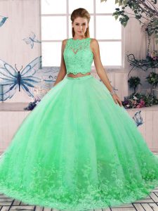New Style Tulle Scalloped Sleeveless Sweep Train Backless Lace Quince Ball Gowns in Turquoise