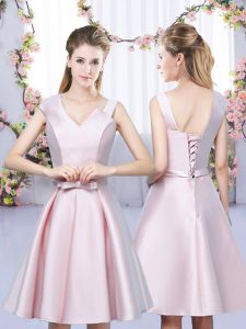 Baby Pink A-line Satin Asymmetric Sleeveless Bowknot Mini Length Lace Up Quinceanera Court of Honor Dress