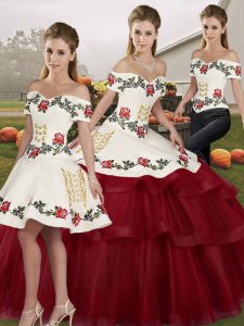 Off The Shoulder Sleeveless Brush Train Lace Up Quinceanera Gown Wine Red Tulle