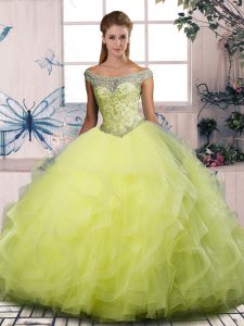 Fancy Floor Length Lace Up Sweet 16 Dress Yellow Green for Sweet 16 and Quinceanera with Beading and Ruffles