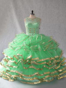 Best Floor Length Lace Up Ball Gown Prom Dress Yellow Green for Sweet 16 and Quinceanera with Beading and Ruffles