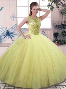 Yellow Green Sleeveless Floor Length Beading Lace Up Sweet 16 Dresses