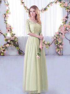 Tulle V-neck Half Sleeves Side Zipper Lace and Belt Damas Dress in Yellow Green